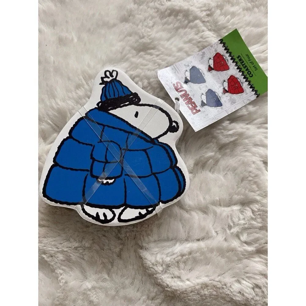 Set Of 4 Peanuts Snoopy Puffer‎ Puffy Coat Jacket Winter Ceramic Coasters NEW